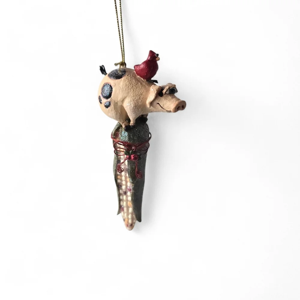 Whimsical Pig on Corn Ornament with Cardinal Folk Art Christmas Tree Decor